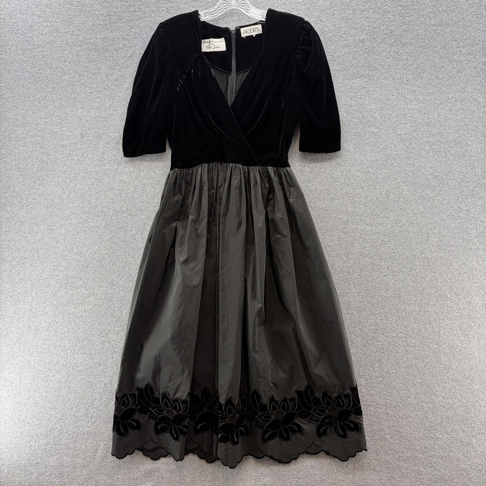 VTG 80s Teri Jon Dress 8 Black Velvet Puff Sleeve Taffeta Fit Flare Party Midi